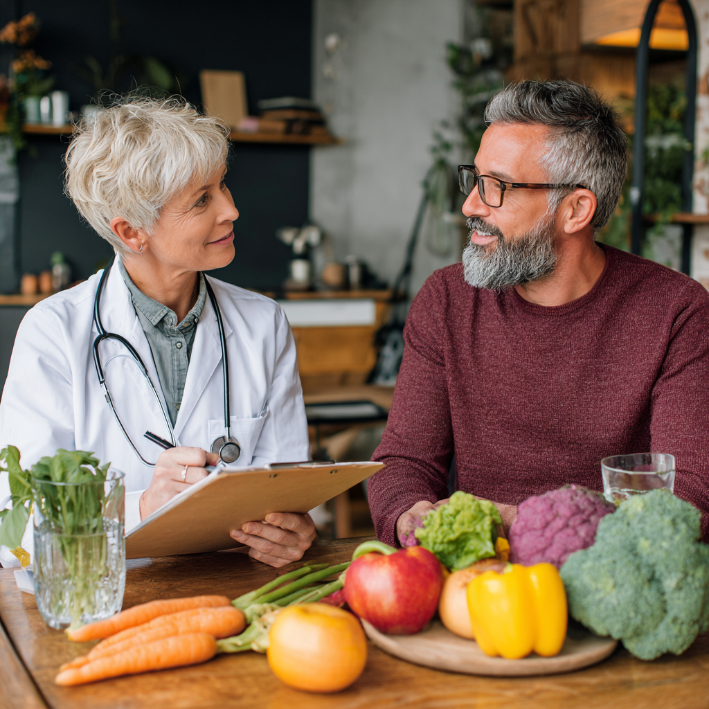 Middle-aged nutritionist consulting with adult client